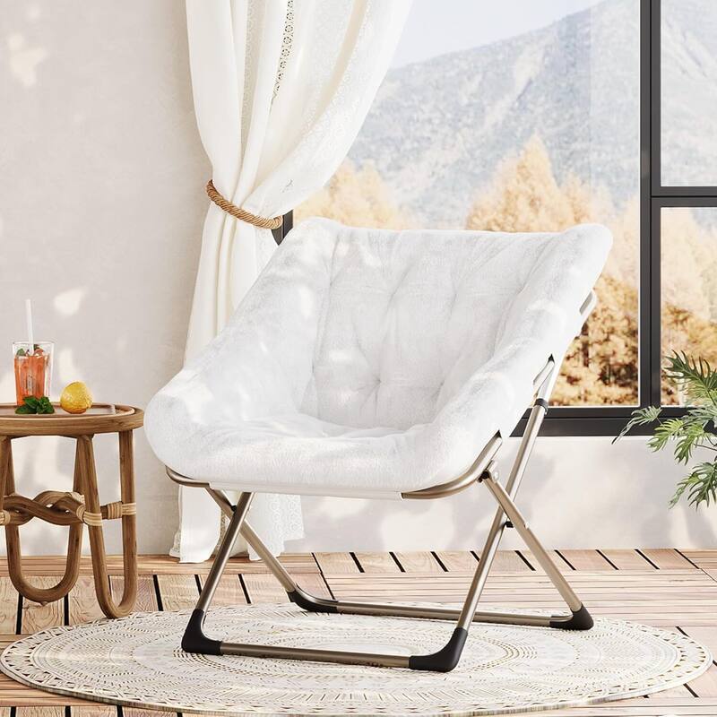 Faux Fur Saucer Foldable Comfy Lazy Sofa Chair for Bedroom Dorm Gaming Room Living Room - White