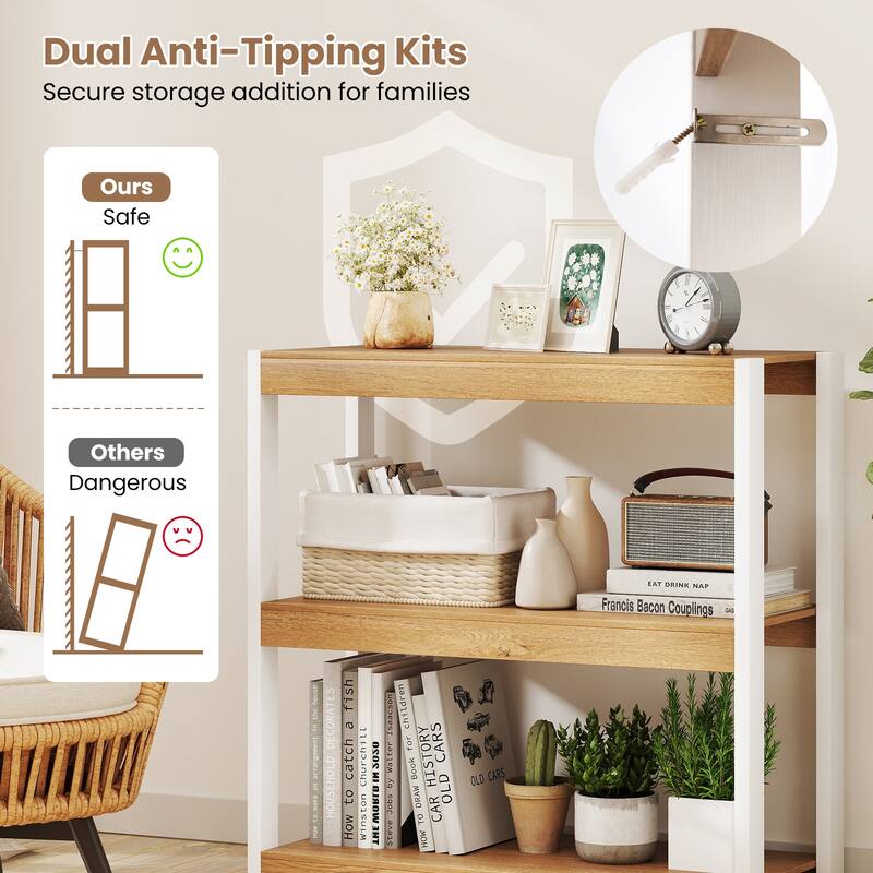 Gymax 2 PCS 3 Tier Bookshelf Wooden Bookcase w/ Dual Anti-Tipping Kits