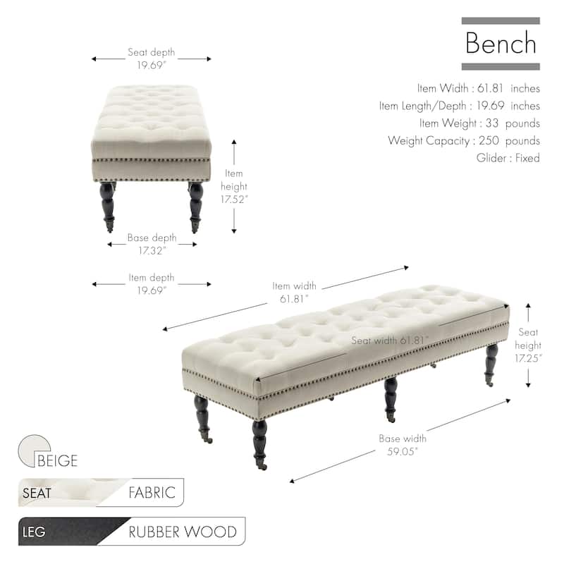 Porthos Home Juna Fabric Accent Bench with Rubberwood Legs and Wheels