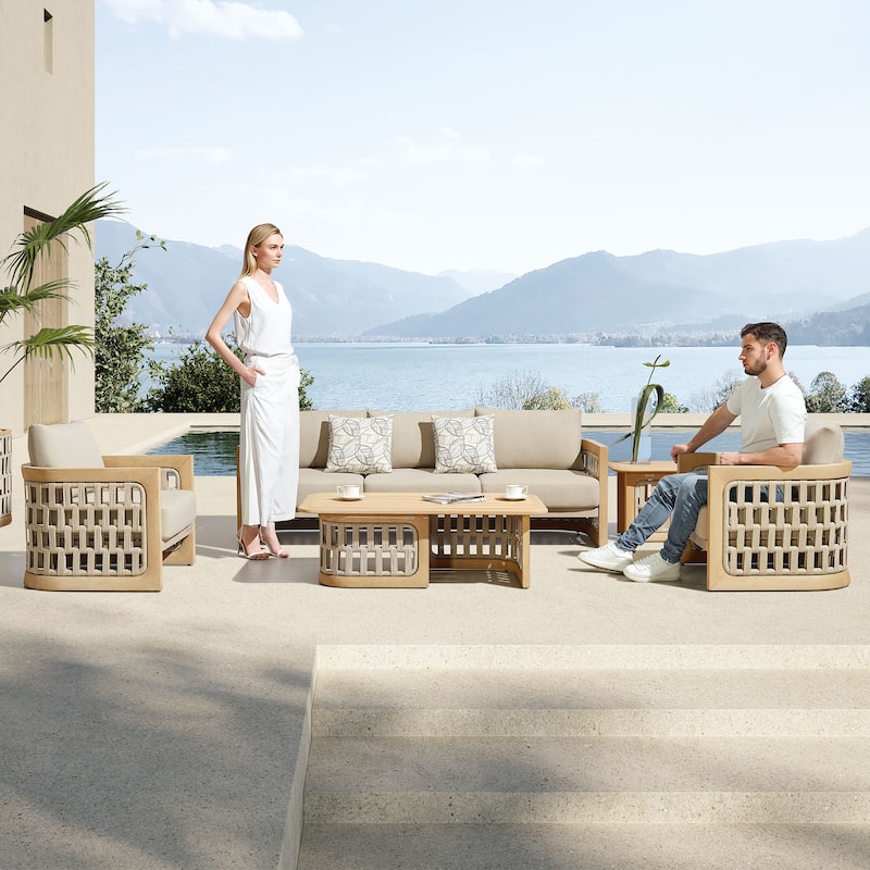HIGOLD Riva 4-Pieces Outdoor Patio Sofa Set, Teak Patio Conversation Set - Cream