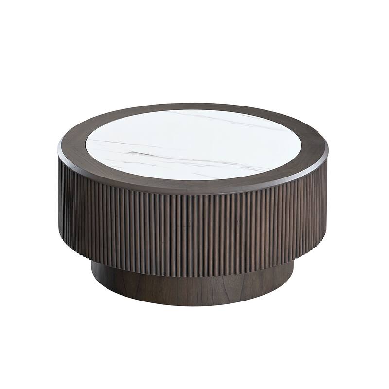 31.5 inch Modern Marble Pattern Coffee Table Round Coffee Table,Small Table with Sturdy Pedestal,Dark Brown - Dark Brown