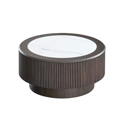 31.5 inch Modern Marble Pattern Coffee Table Round Coffee Table for Living Room,Small Table with Sturdy Pedestal,Dark Brown