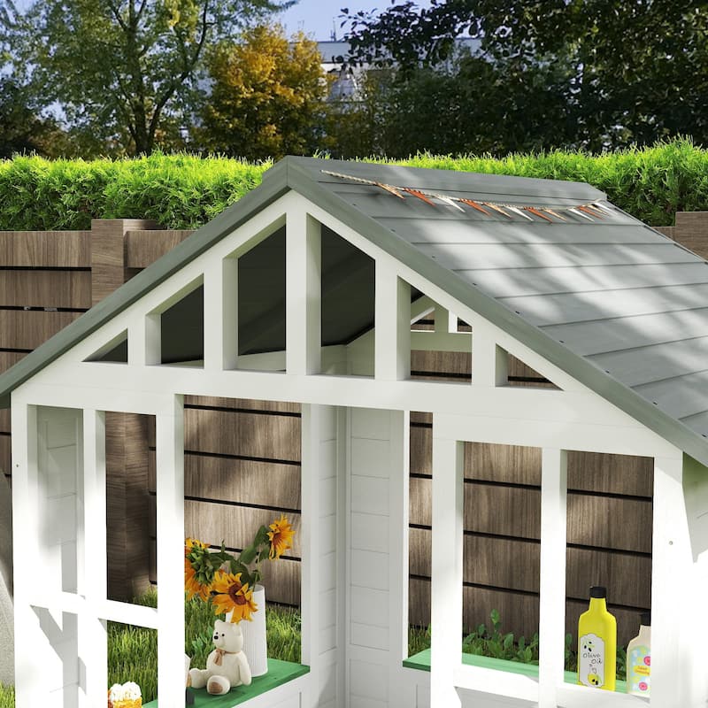 Outsunny Kids Wooden Playhouse, Outdoor Garden Games Cottage, with Working Door, Windows, Flowers Pot Holder, 47" x 38" x 54"
