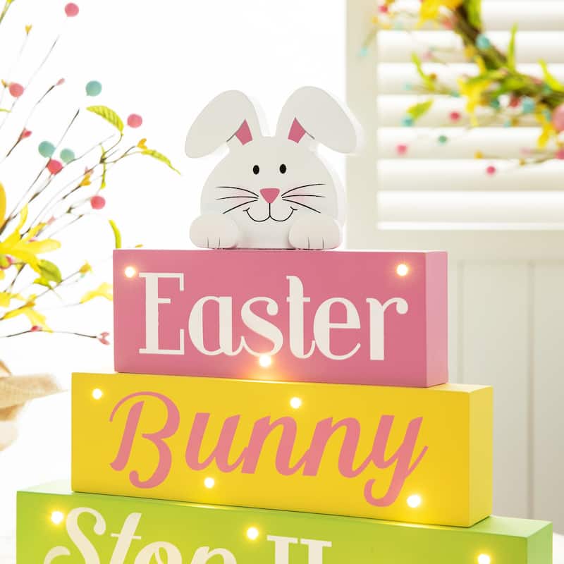 Glitzhome 12"L LED Lighted Easter Wooden Bunny Block Word Sign Table Decor Spring Gifts