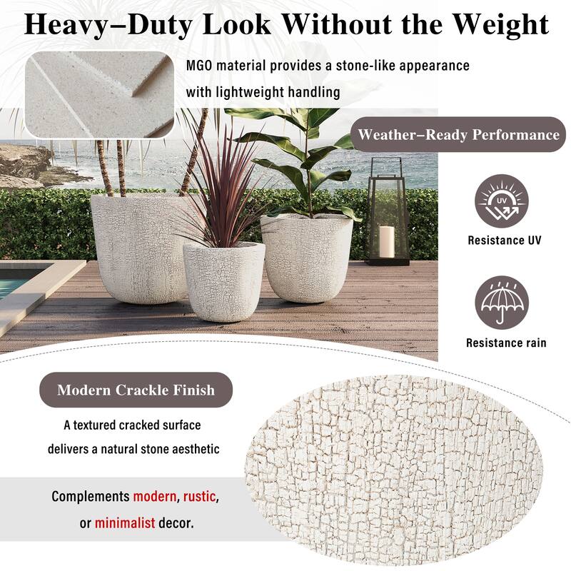 Roomfitters Lightweight MGO Planter Set of 3, Round Weather Resistant Outdoor Indoor Flower Pots for Garden Patio