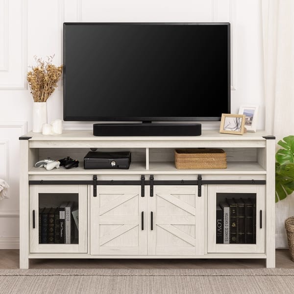 Farmhouse Tall Entertainment Center with Sliding Barn Doors - 59" W x 15.4" D x 31" H - Antique White