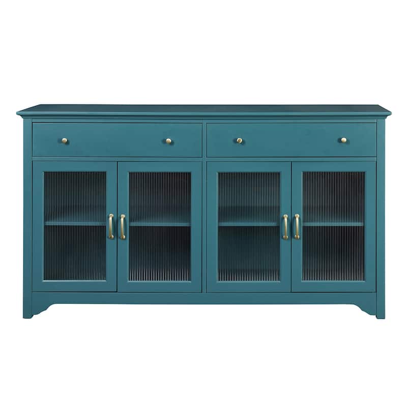 Teal Blue 65" TV Stand with Two Large Drawers, Glass Doors and Adjustable Shelves for TVs up to 72"