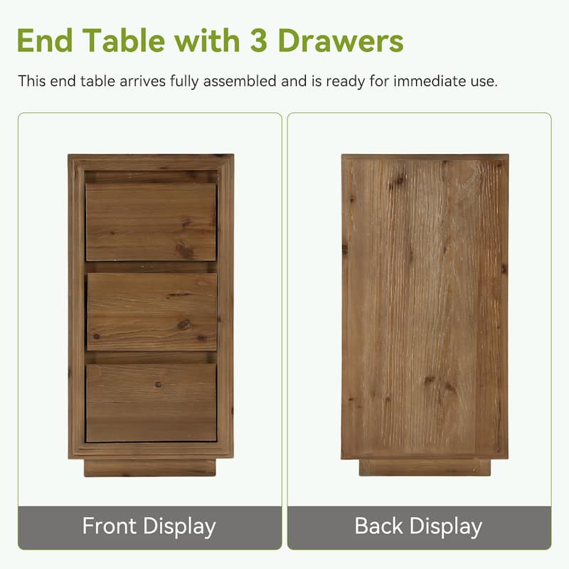 Rustic 3-Drawer Solid Wood Nightstand, Fully Assembled, 23.62"H