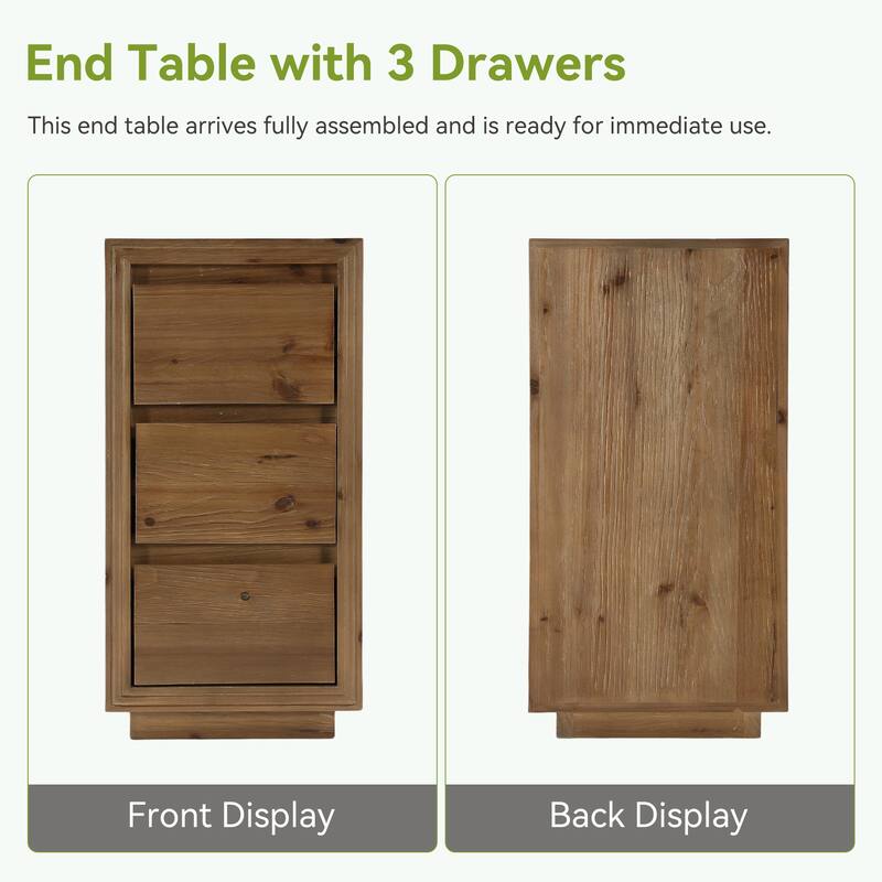 Solid Wood End Table with 3 Drawers, 23.62" H, No Assembly