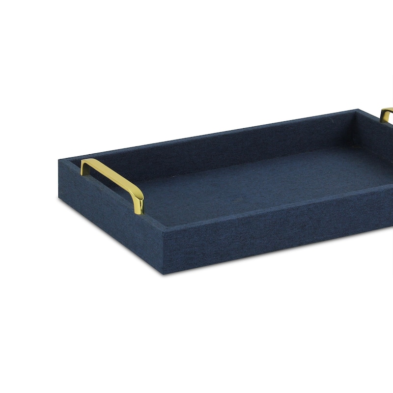 Navy Blue Linen and Wooden Tray - 18 W x 14 D x 7 H