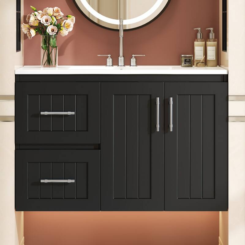 36" Wall Mounted Bathroom Vanity, Floating Bathroom Storage Cabinet with 2 Drawers, 3 Holes Single Ceramic Sink