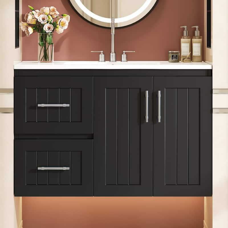 36" Wall Mounted Bathroom Vanity with 2 Drawers, Floating Vanity with Ceramic Sink & Adjustable Shelf, Modern Bathroom Storage
