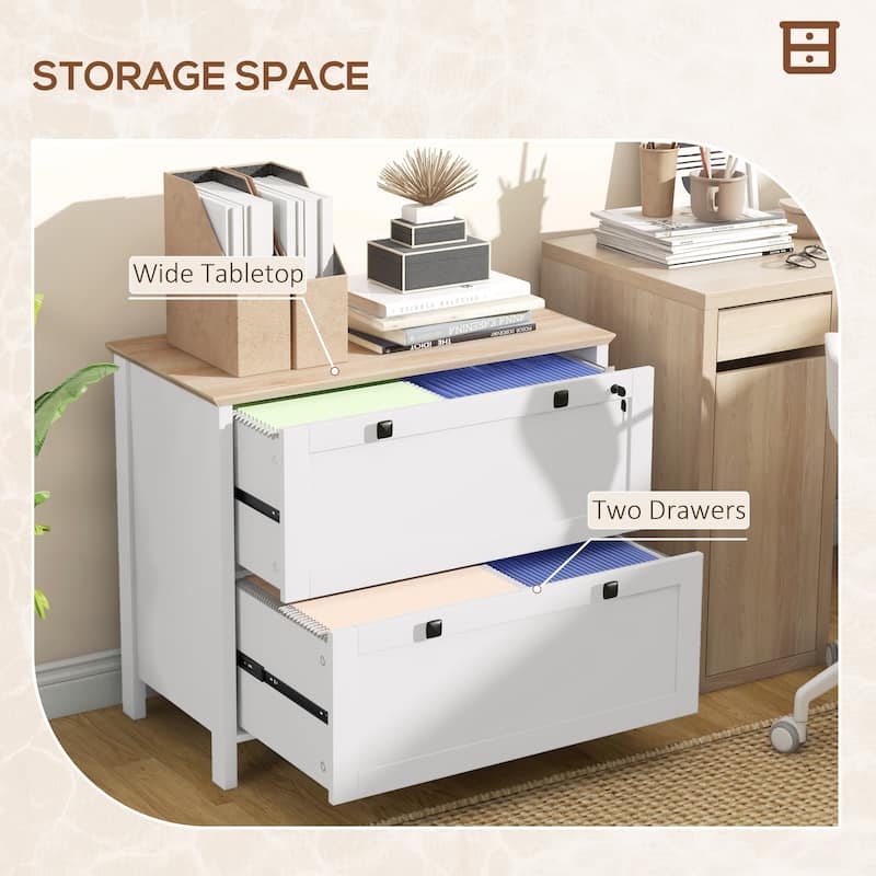 HOMCOM Lateral File Cabinet with 2 Drawers for Home Office, Filing Cabinet with Lock, Adjustable Hanging Bar for Letter, A4