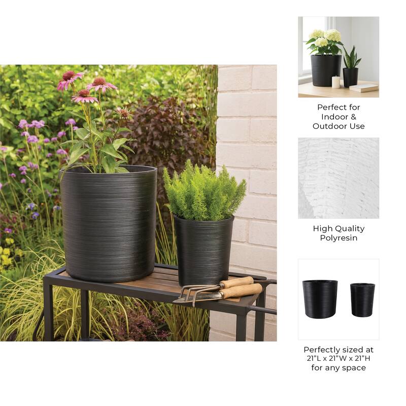 Polyresin Planter Ribbed Texture Home Use (Set of 2) - 21", 19" Black - 21" x 21" x 21"