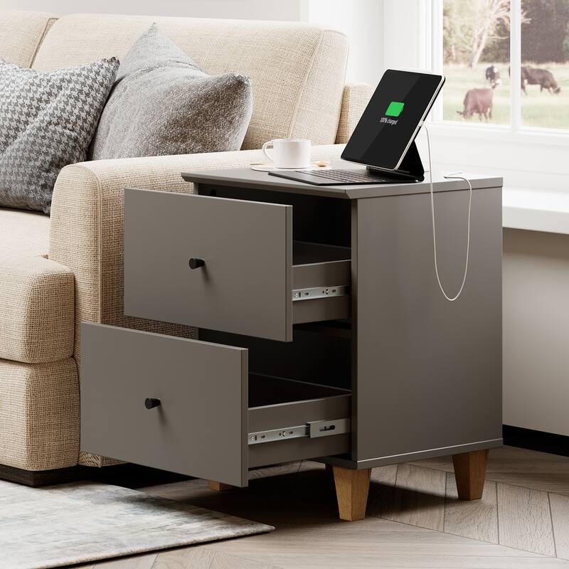 WAMPAT End Table with Charging Station and 2 Drawer for Living Room