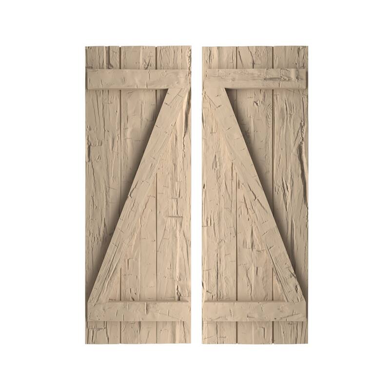 Rustic Three Board Joined BoardnBatten Faux Wood Shutters w/ZBoard (Per Pair), Primed Tan