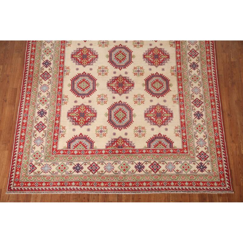 Beige Kazak Area Rug Hand-Knotted Geometric Wool Carpet - 6'6" x 9'2"