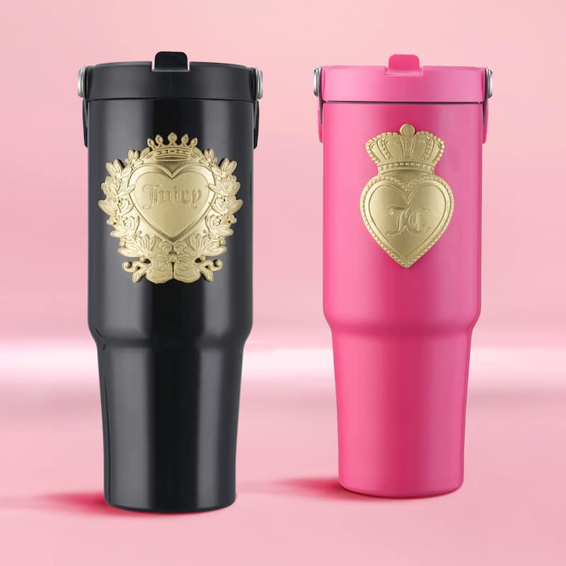 Juicy Couture Flip Flow Hydration Stainless Steel Screw Top Tumbler with Flip Straw and Carry Handle