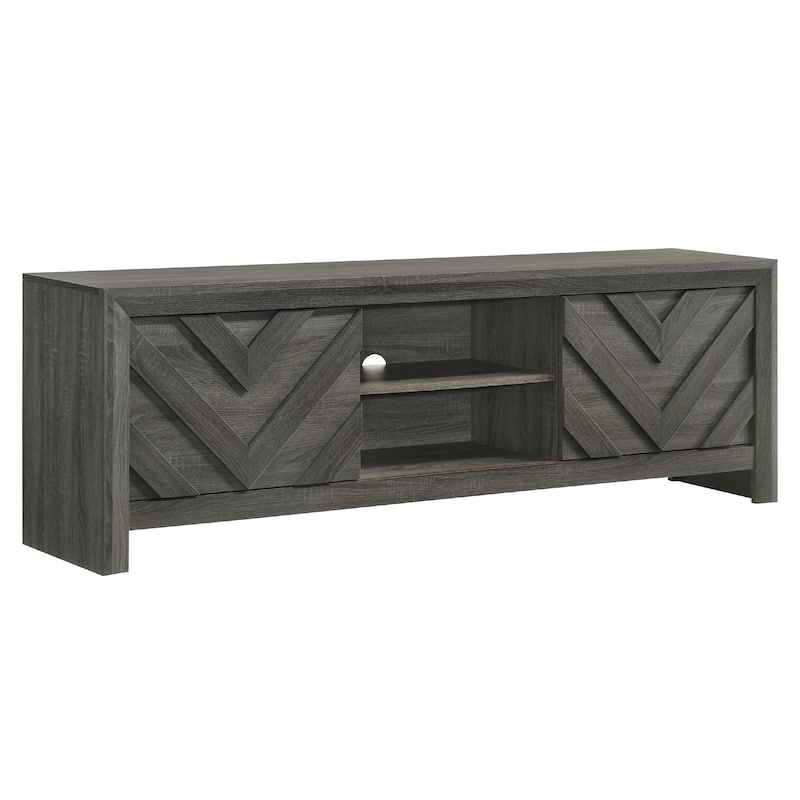 Velz TV Media Stand Cabinet, 2 Chevron Doors. Open Shelves, Dark Gray