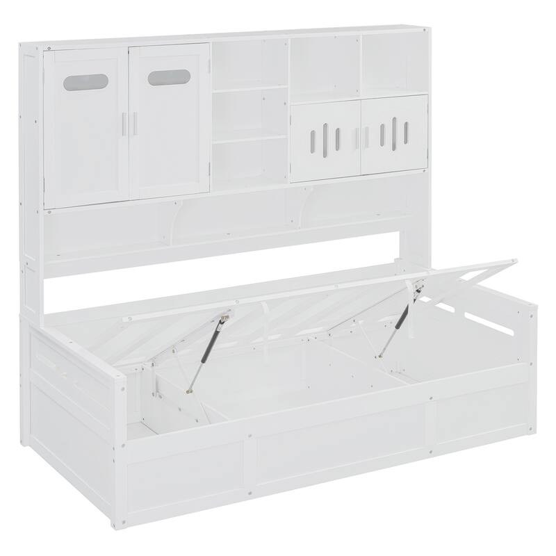 Wooden Daybed Storage Platform Bed with All-in-One Cabinet and Shelf, 10 Slats Multi-Functional Space-Optimizing Bed Frame