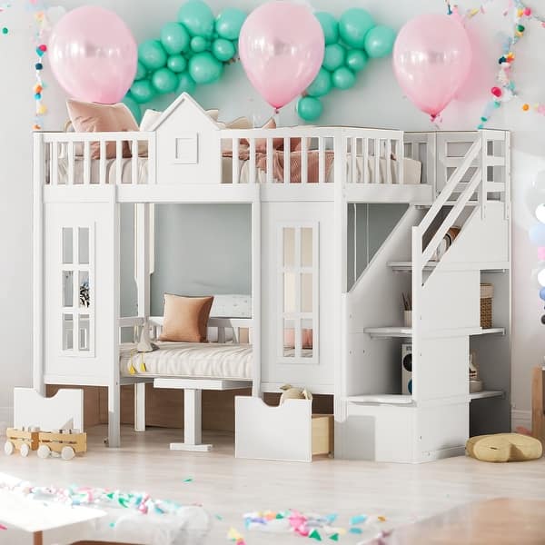 slide 2 of 33, Twin-Over-Twin Bunk Bed with Changeable Table, Bunk Bed Castle Bed with Drawers White