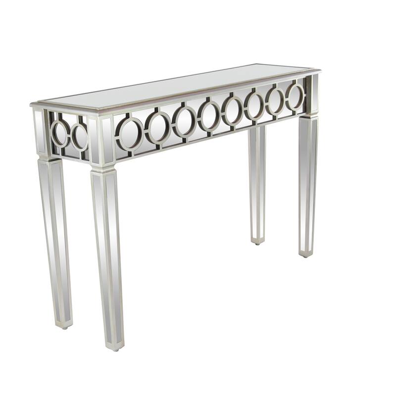 Silver Glass Mirrored Geometric Console Table with Circular Panel Inlay