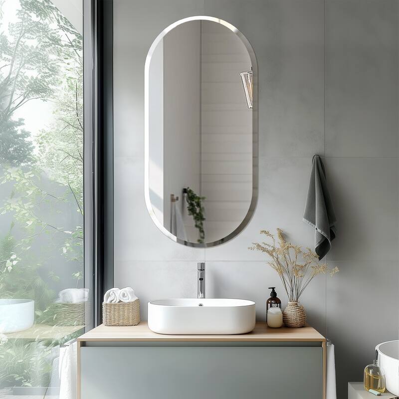 Frameless Bathroom Mirror Wall Mounted Modern Stylish Design with Contemporary Bevelled Edges - 48" L x 24" W Ellipse