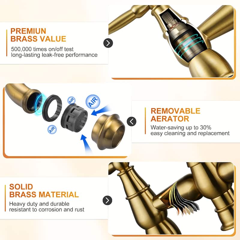 WOWOW 4 Hole Double Handle Bridge Kitchen Faucet with Side Sprayer