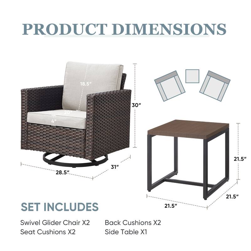 3 Pieces Outdoor Swivel Patio Chairs with Side Table