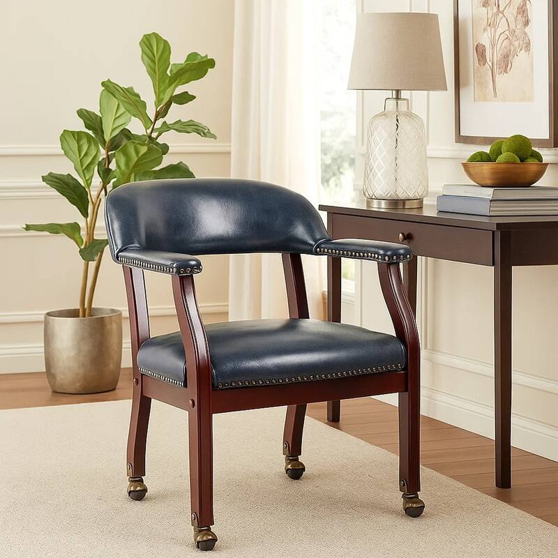 Anna Captain Chair, Brass Rivet Trim, Hooded Caster Wheels, Blue Vinyl