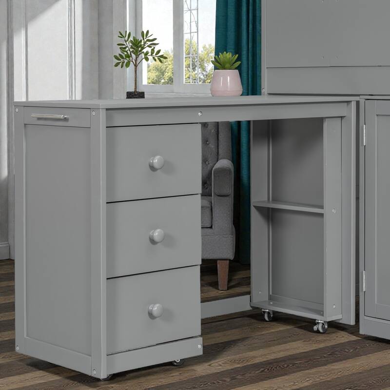 Twin Wooden Loft Bed with Rolling Desk, Storage Drawers and Cabinets, House Style Kids Loft Bed with Stairs