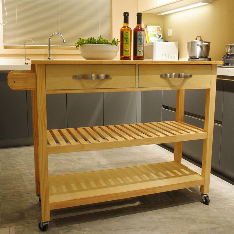 Rolling Kitchen Cart with Rubber Wood Top, Towel Rack, 2 Lockable Wheels & Storage Drawers - Natural
