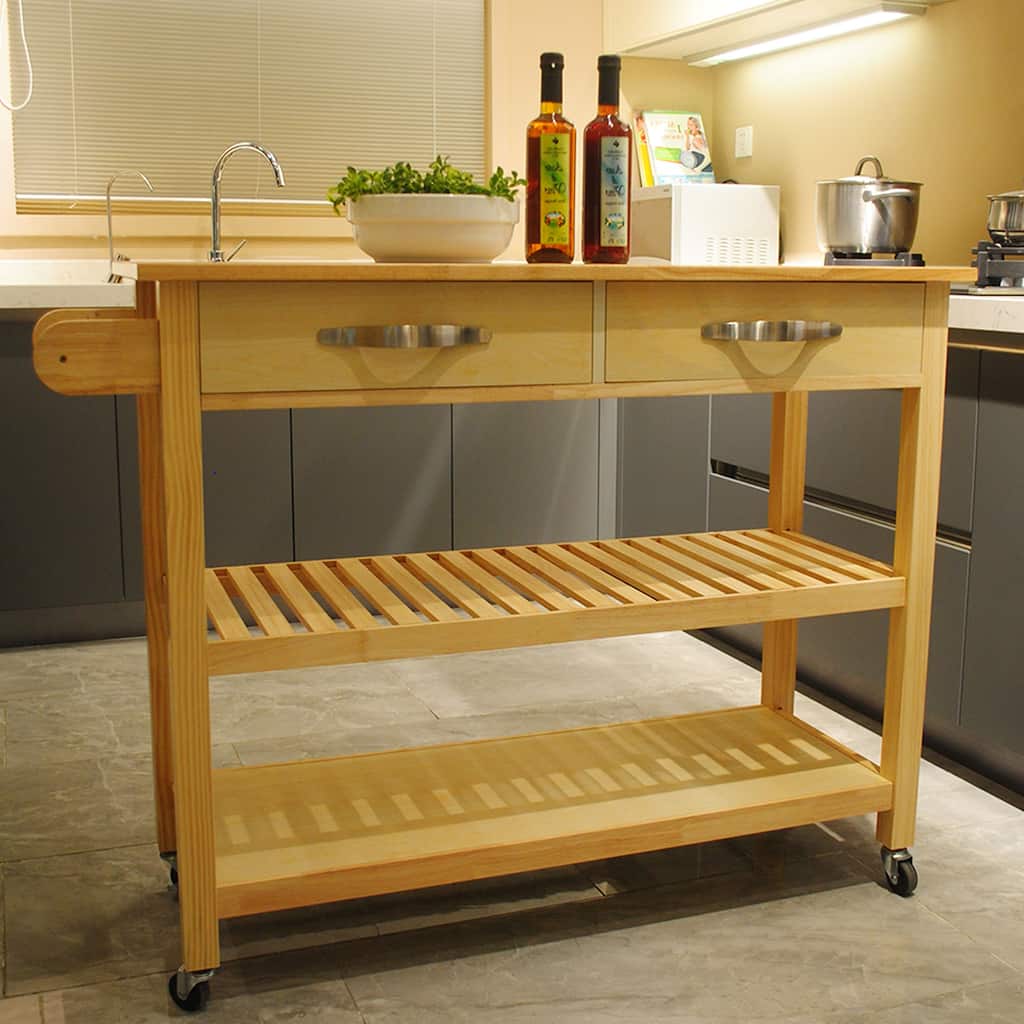 Rolling Kitchen Cart with Rubber Wood Top, Towel Rack, 2 Lockable Wheels & Storage Drawers