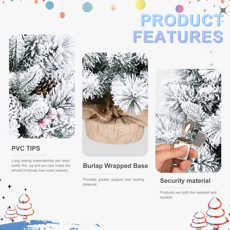 3FT Flocked Christmas Tree with PE/PVC & Pine Needle Branches, 170 Tips, Decorated with Pine Cones & Berries-Snowy Holiday Tree