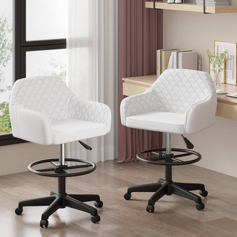VECELO Contemporary PU Leather Drafting Chairs(Set of 2) Task Chair with Metal Frame and Back Home Ofiice Chairs - White