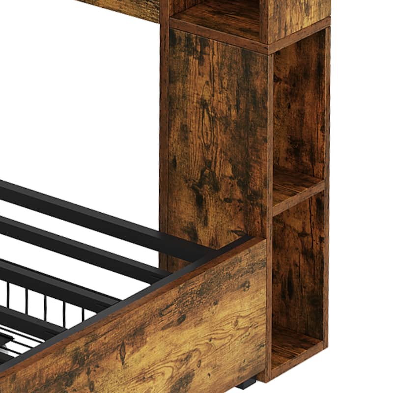 Moasis LED Bed Frame with Bookcase Headboard, 4 Storage Drawers and Type-C USB Charging Station