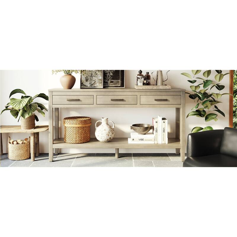 Roomfitters 59.1" Farmhouse Entryway Table with 3 Drawers, Slim Console Sofa Table with Open Shelf for Hallway