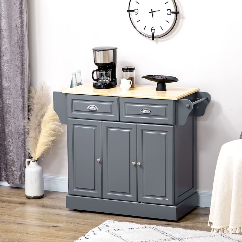 Kitchen Island with Storage, Rolling Kitchen Serving Cart with Rubber Wood Top, Storage Drawer and Cabinet