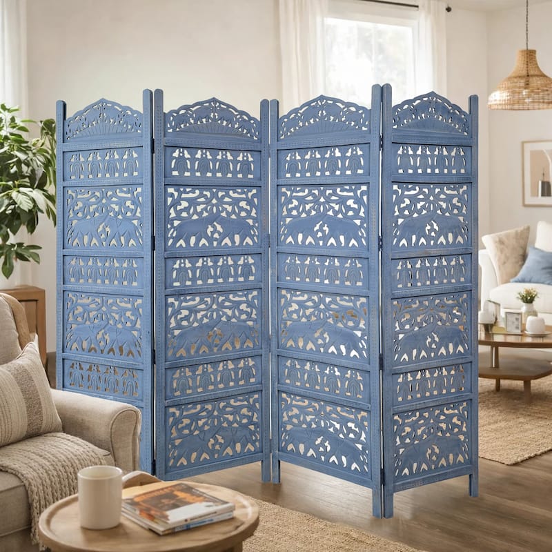 Jumbo 4 Panel Folding Room Divider Screen, Antique Blue Mango Wood, Elephant Motif Carved Design