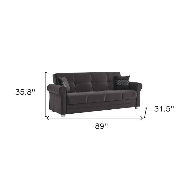 HomeRoots 89" Black Microfiber Convertible Futon Sleeper Sofa And Toss Pillows With Storage