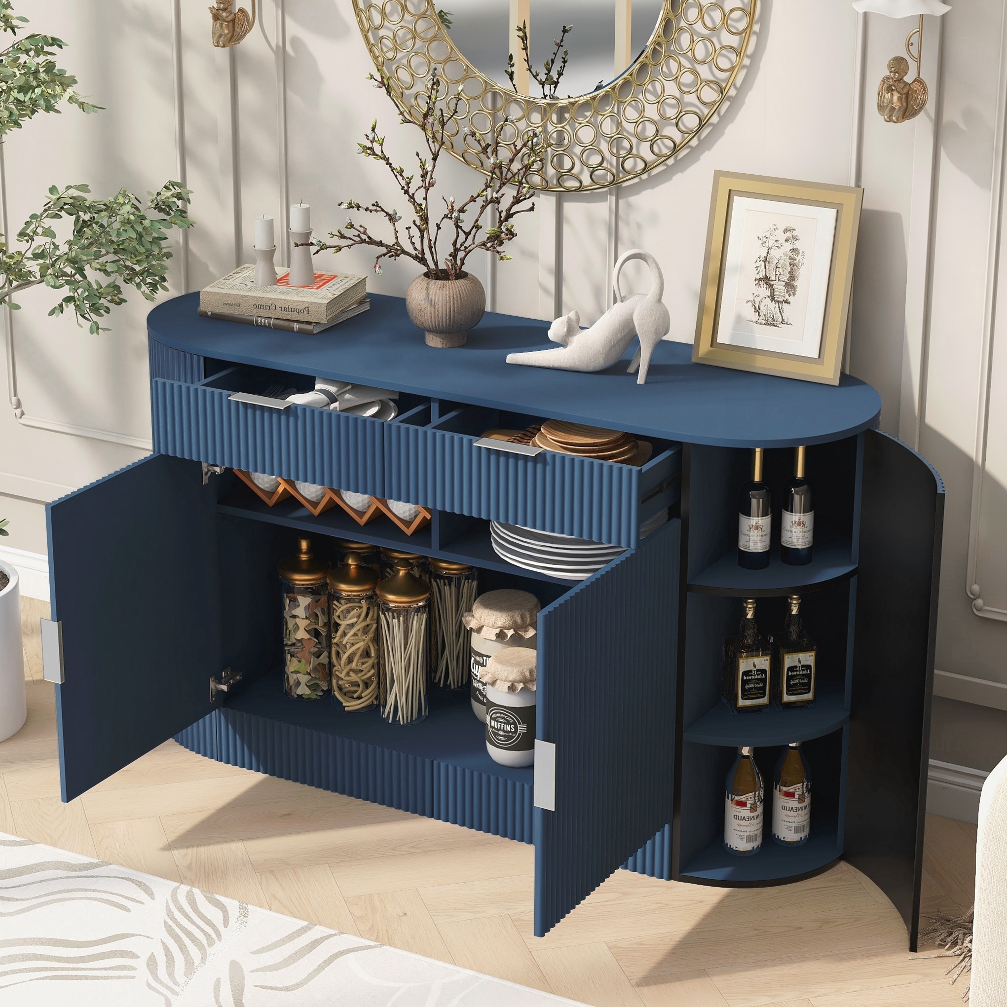 Modern Storage Cabinet, Stripe MDF Sideboard with Aluminum Handles