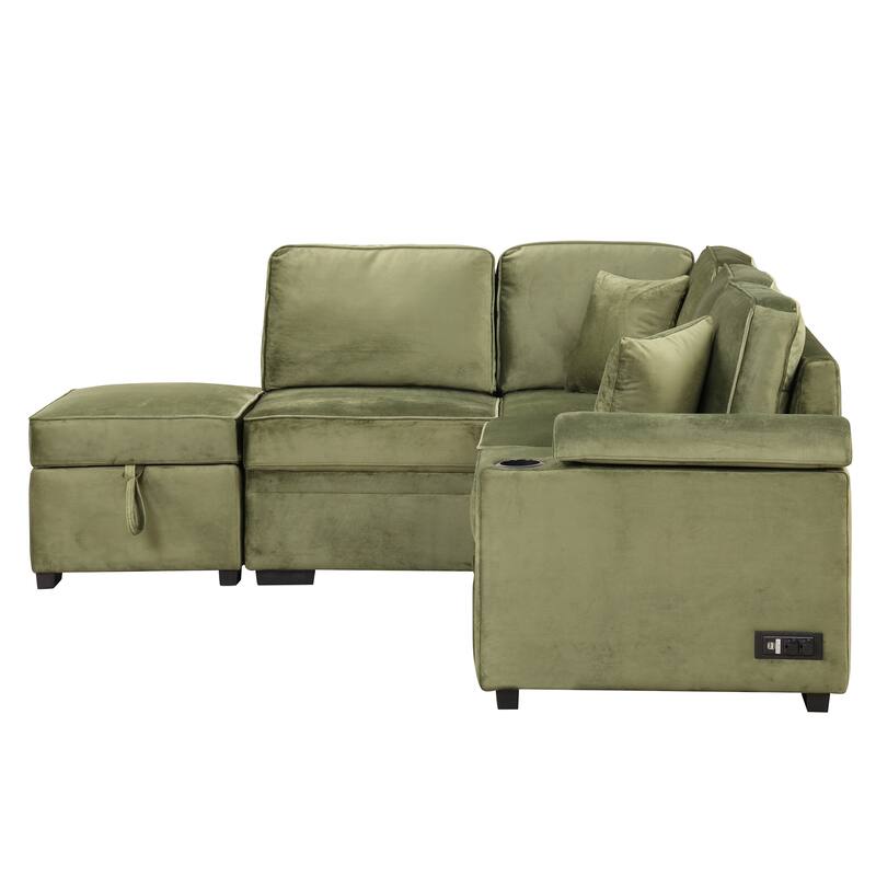 Sleeper Sofa Bed with Storage Ottoman, 2 in 1 Convertible Sectional Sofa Couch, Velvet 4-Seater Sofa with Cup Holder