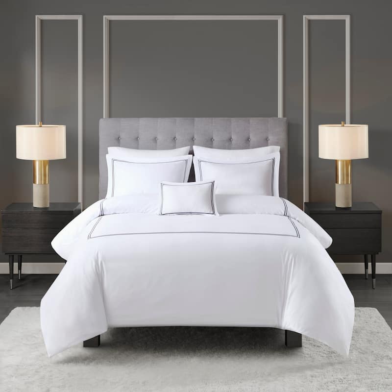 Madison Park Signature 500 Thread Count Luxury Collection 100% Cotton Sateen Embroidered Comforter Set - White/Navy - King