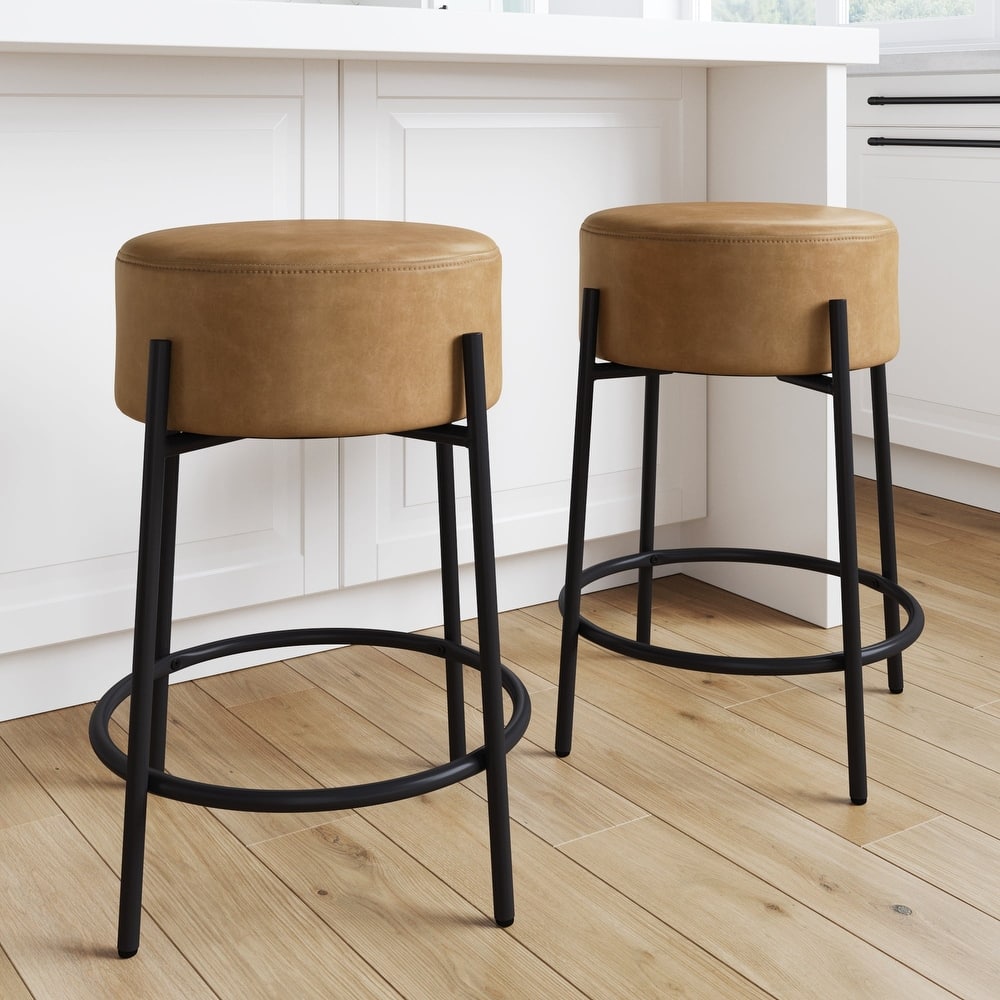 Isaac Modern Backless Metal Round Bar Stool with Boucle Padded Seat and Metal Base