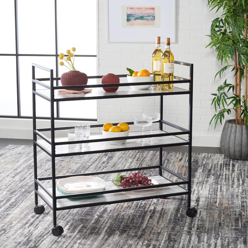 SAFAVIEH Home Collection Idria 3 Tier Bar Cart - 34" L x 16" W x 36" H - Matte Black/White Faux Marbl