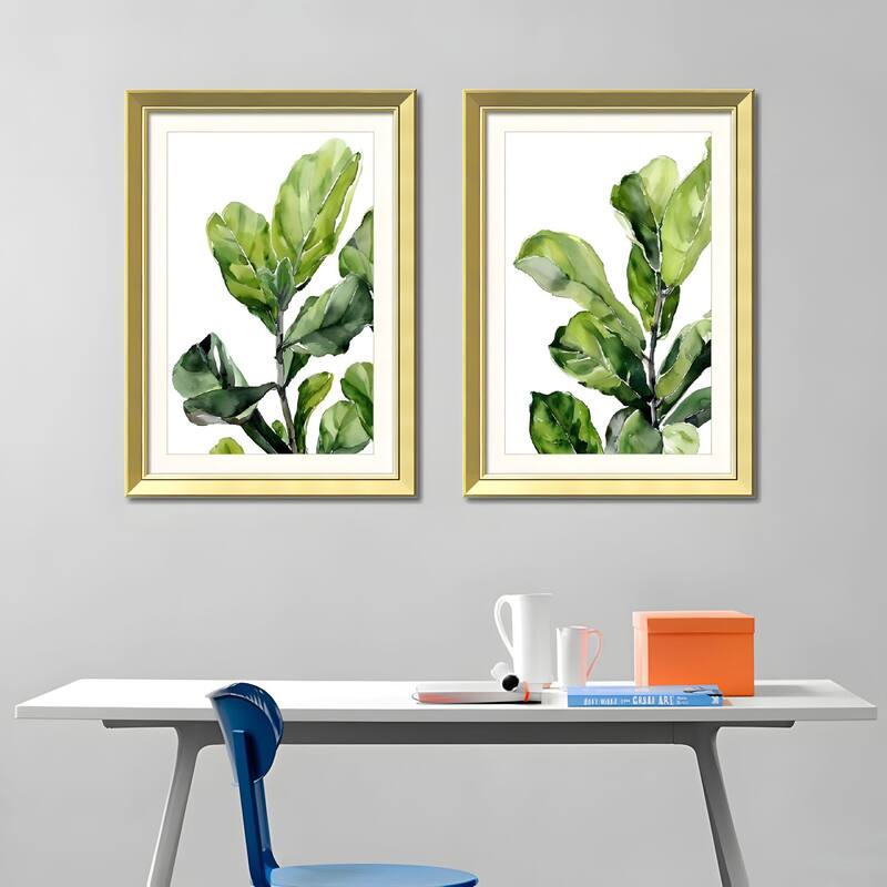 Set of 3 Green Leaf Botanical Framed Wall Art - Replaceable Canvas Prints with Solid Wood Picture Frames, Modern Plant
