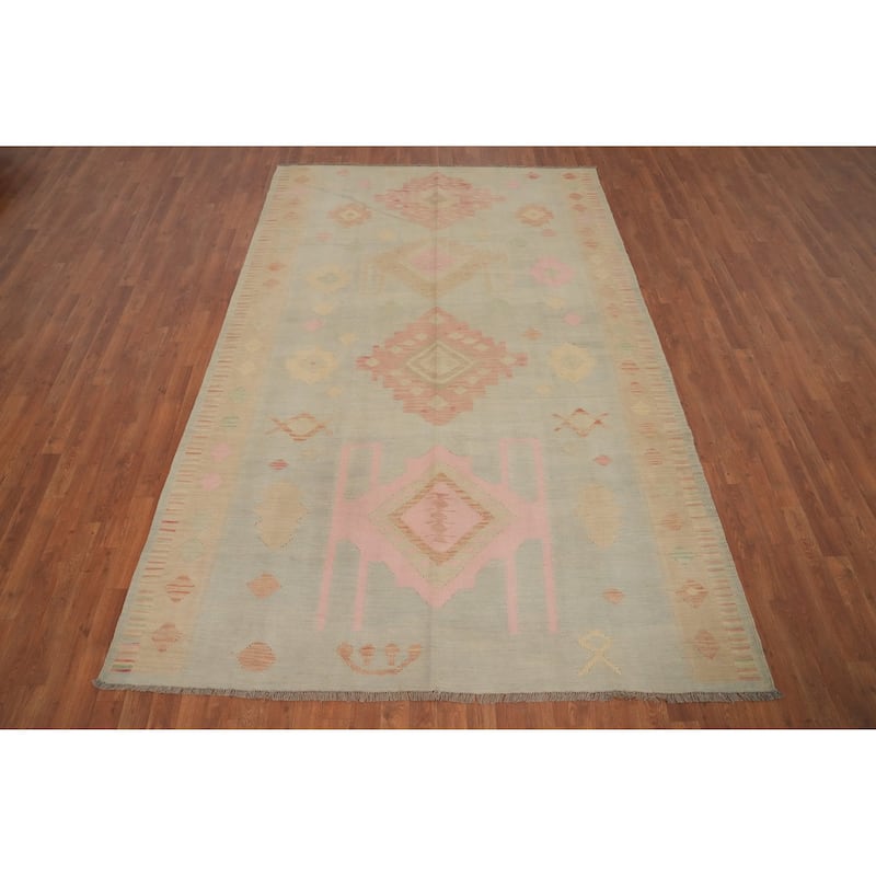 Hand Woven Oriental 100% Wool Carpet Southwestern Tribal Navy Blue & Blues Kilim Area Rug - 9' 7'' X 6' 4''