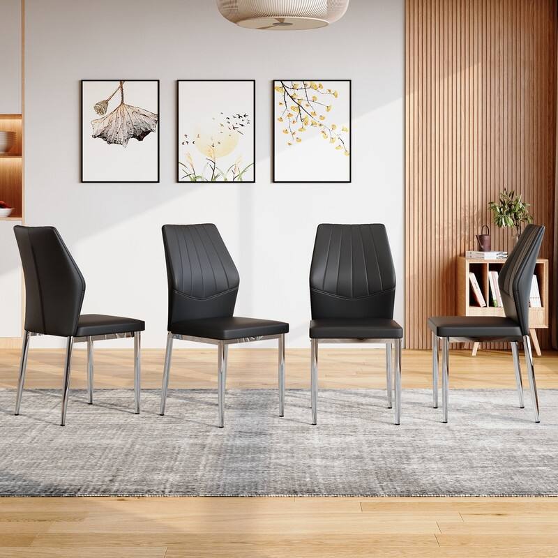 Ergonomic Dining Chair with PU Backrest - Comfort & Style for Modern Dining - Black+Silver - Set of 4