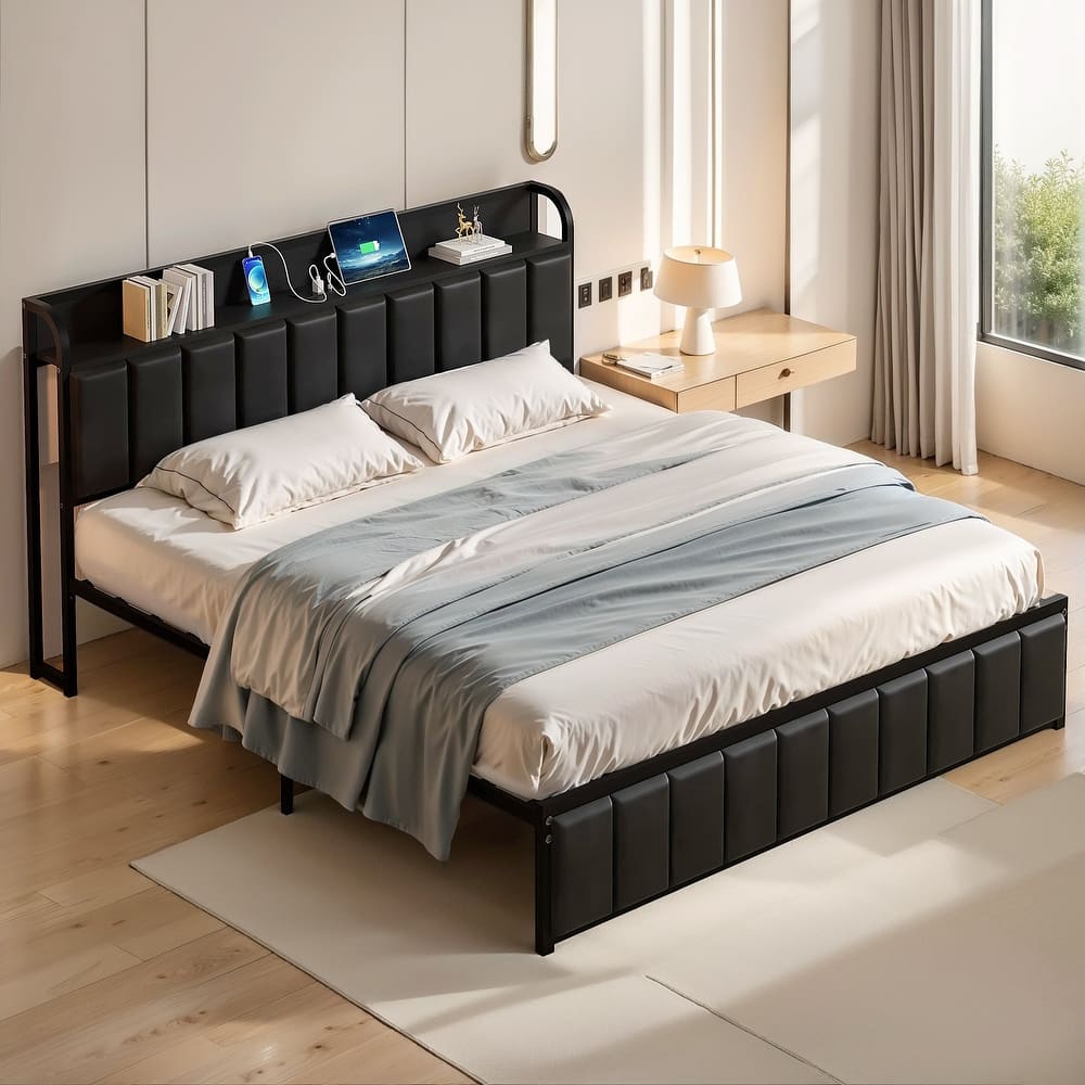 VECELO Upholstered Platform Bed Frame with Storage Headboard and USB AC Ports Charging Station Sturdy Quiet Bed for Bedroom
