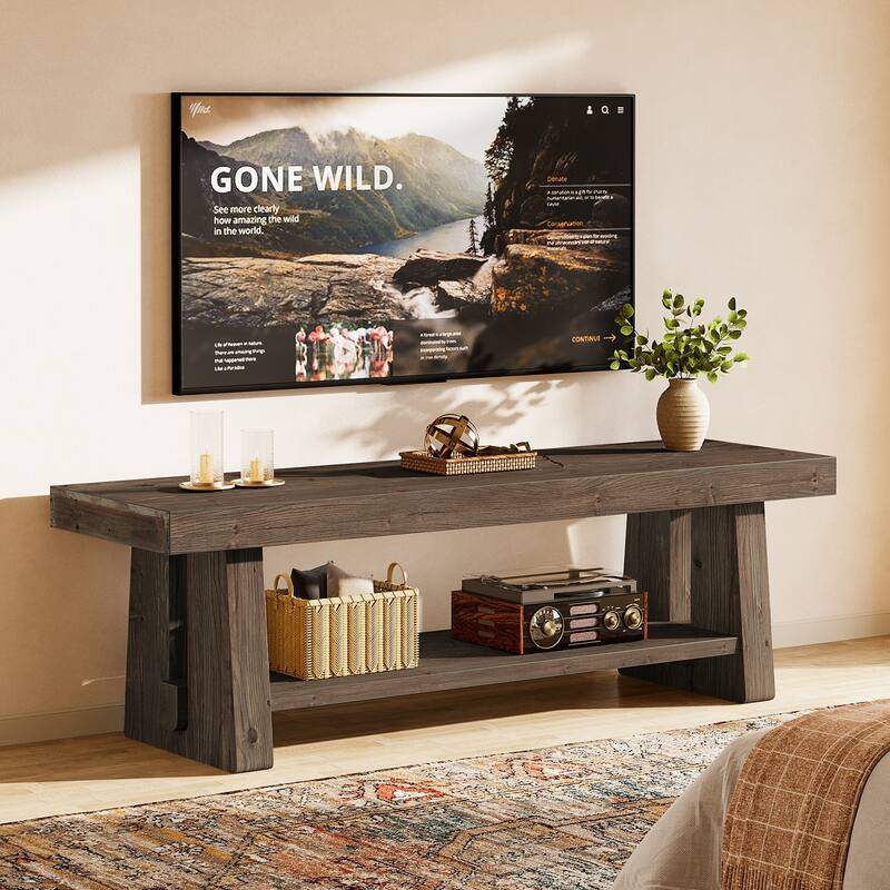 2-Tier Solid Wood TV Stand with Storage Shelves, Entertainment Center Television Console for 75-Inch TVs Living Room Bedroom - Brown